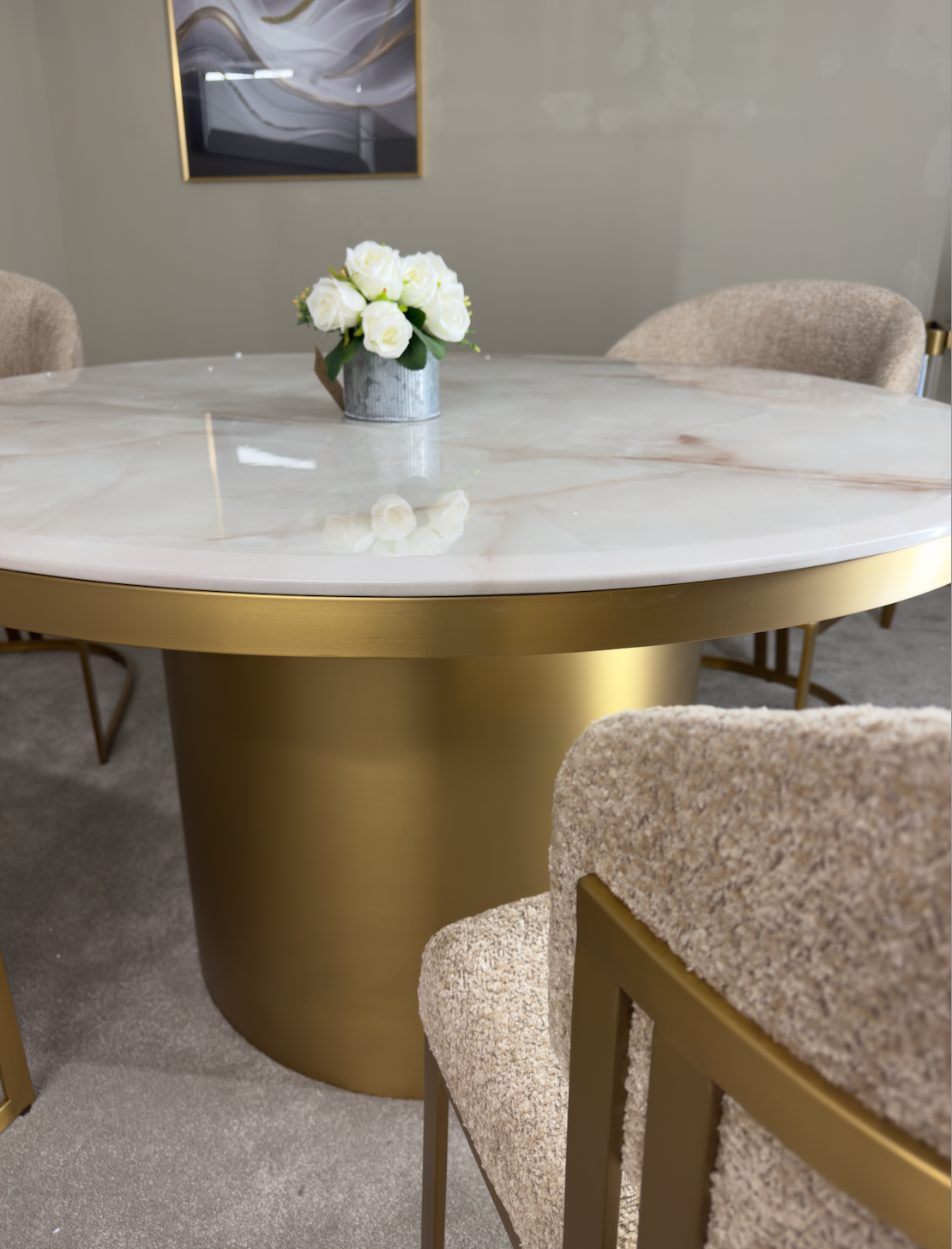 Camden Dining Table - Beige Marble/ Brushed Brass 130cm Kevin Simba