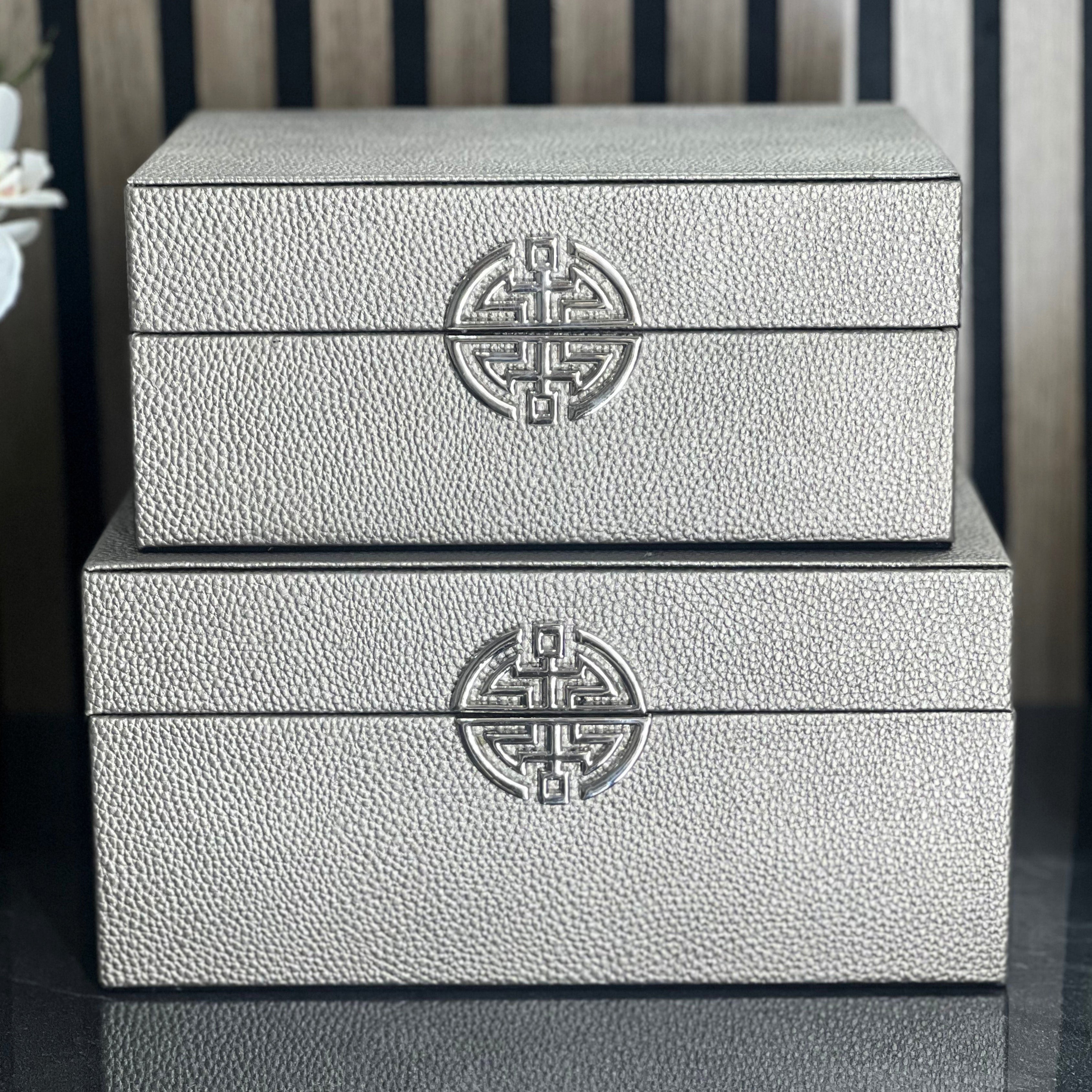 Silver & Grey Pewter Faux Leather Storage Boxes (Set of 2) CIMC