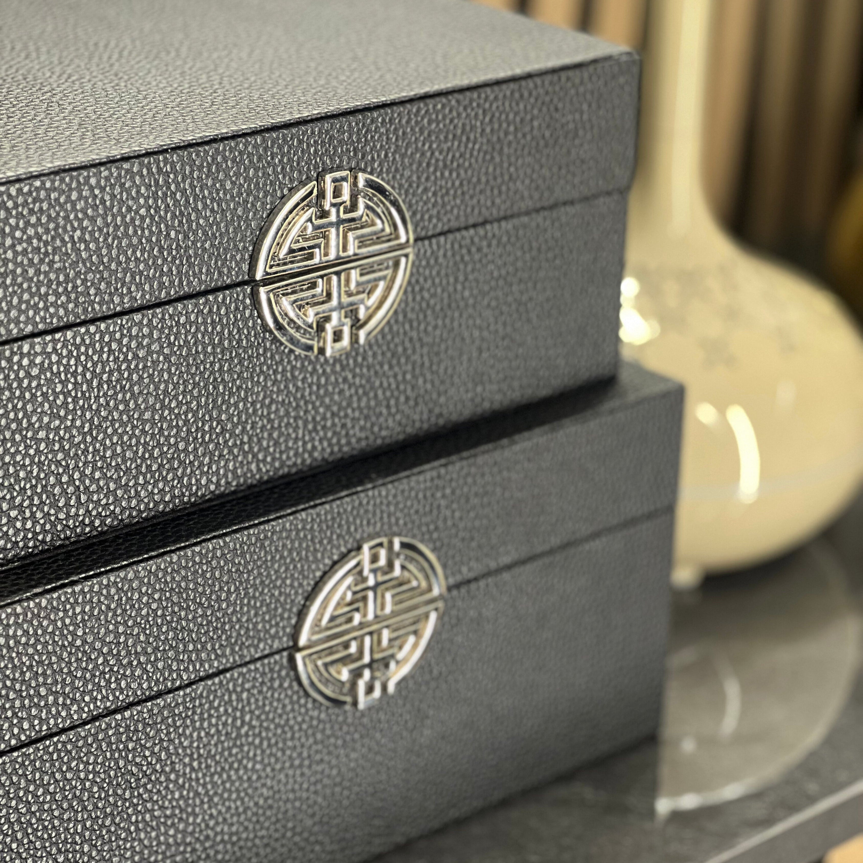Black Faux Leather & Silver Handle Decorative Storage Boxes (Set of 2) CIMC