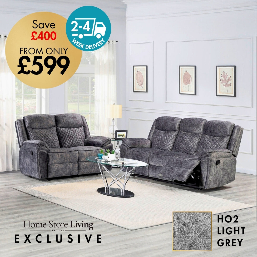 Gray sofa set in a living room with promotional text and images of framed pictures on the wall.