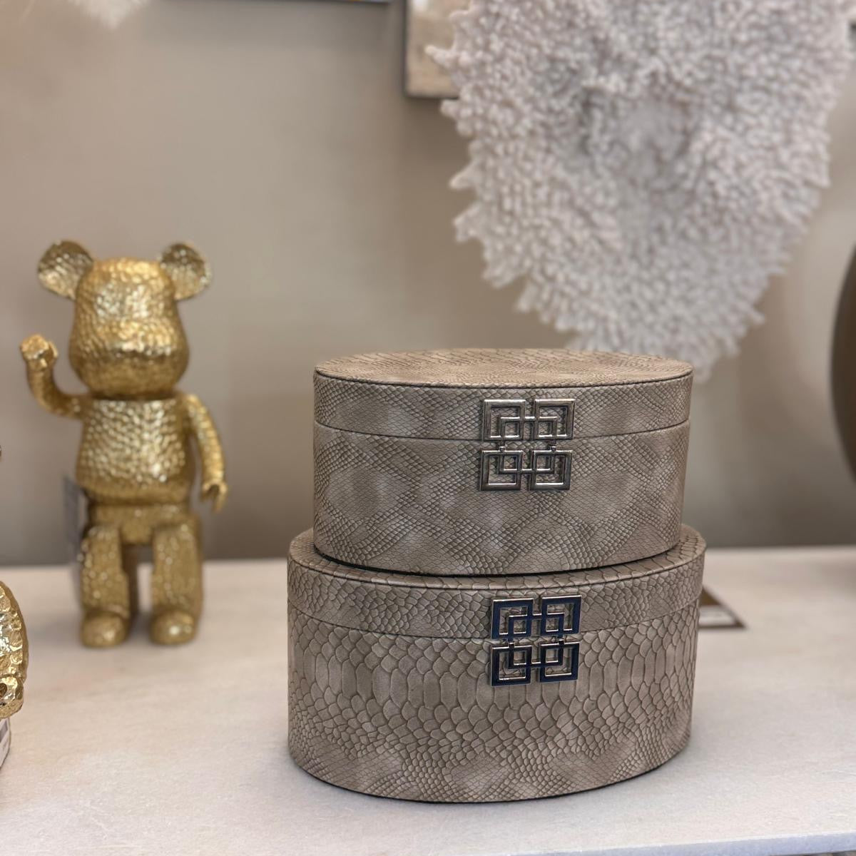 Set of 2 Taupe Faux Snake Leather Oval boxes CIMC