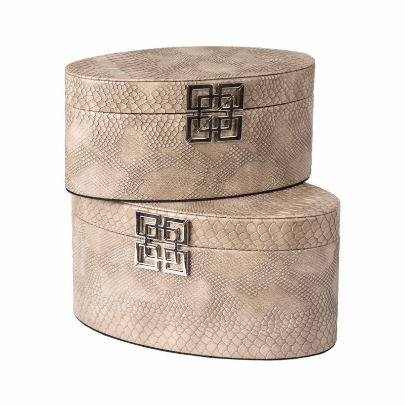 Set of 2 Taupe Faux Snake Leather Oval boxes CIMC