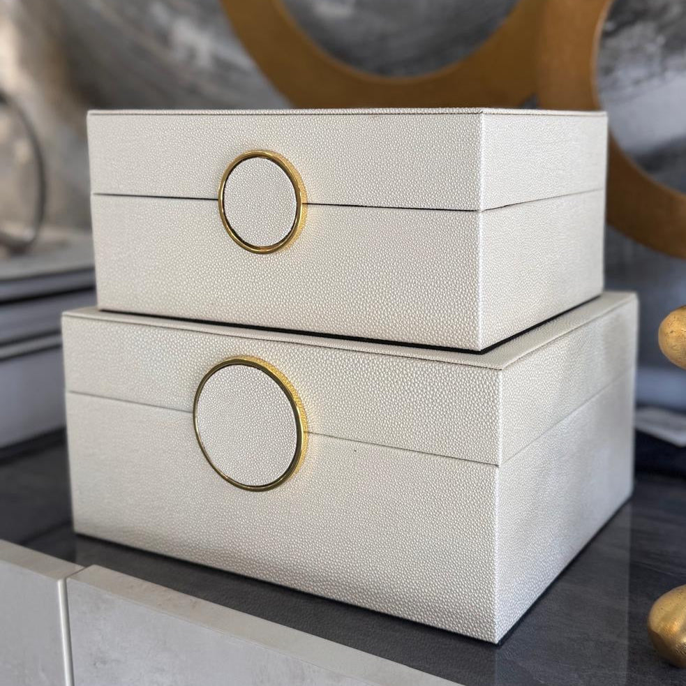 Storage Boxes Set of White Faux Litchi Gold Ring Handle