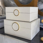 Set of 2 White Faux Litchi with Gold Ring Handle Jewellery Boxes CIMC