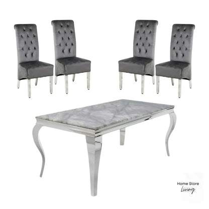 Louis Grey Marble Dining Table with Lacey Grey Velvet Chairs Set Home Store Living