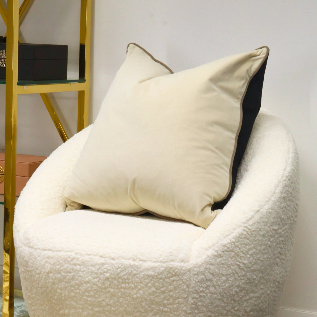Large Paul Moneypenny Twofaced Black & Cream Double-Sided Velvet Cushion with Taupe Piping malini