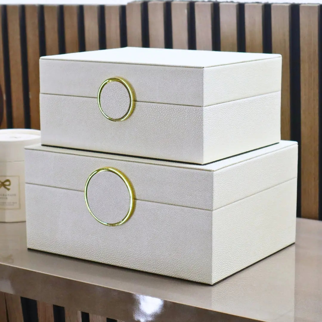 White Faux Litchi & Gold Storage Boxes (Set of 2) CIMC