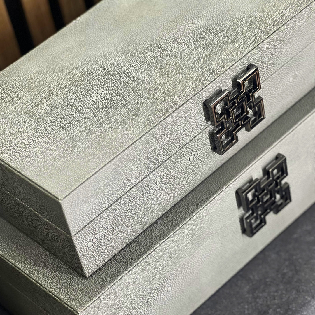 Grey Faux Litchi Leather Storage Boxes with Gunmetal Silver Handle (Set of 2) CIMC