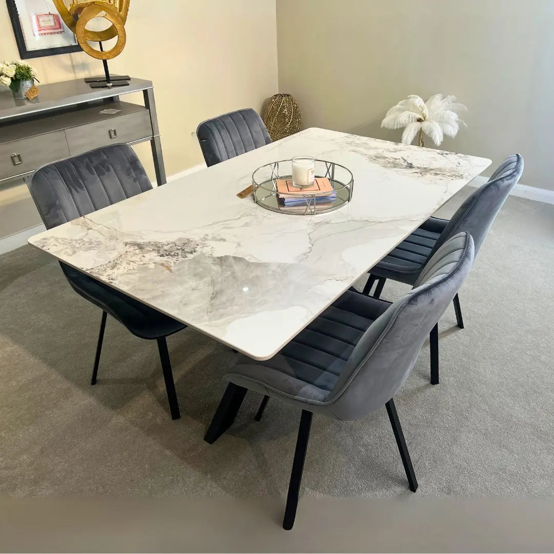 Marissa 1.8m White Ceramic Dining Table with Roco Dark Grey Dining Chairs - Home Store Living