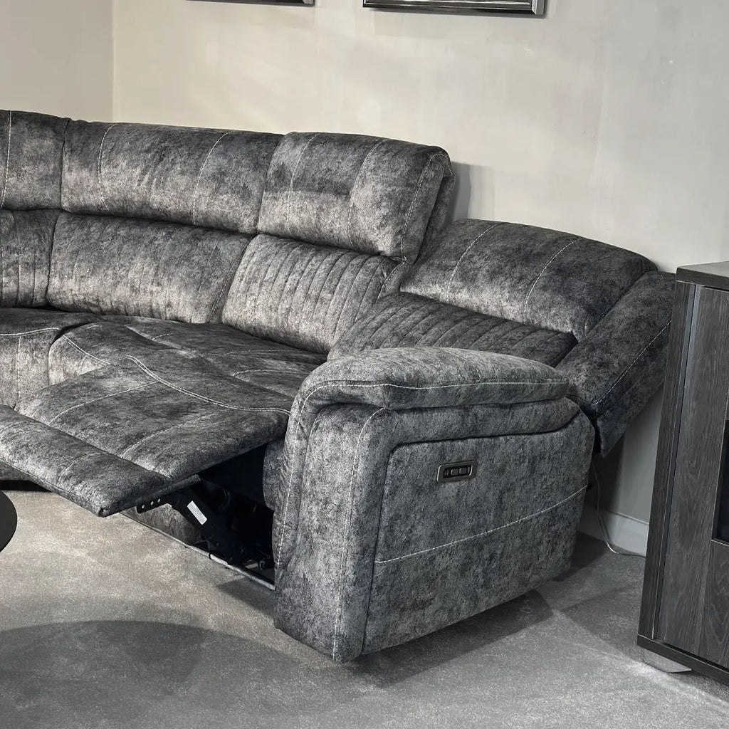 FIRST DRAFT Cheshire Electric Recliner Corner Sofa in Resilient Grey Velvet Fabric Home Store Living