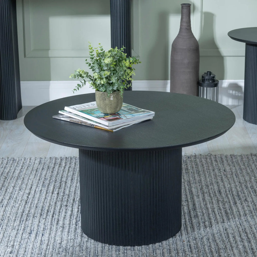 Renzo Black Round Coffee Table with Fluted Ribbed Drum Base HUMZ