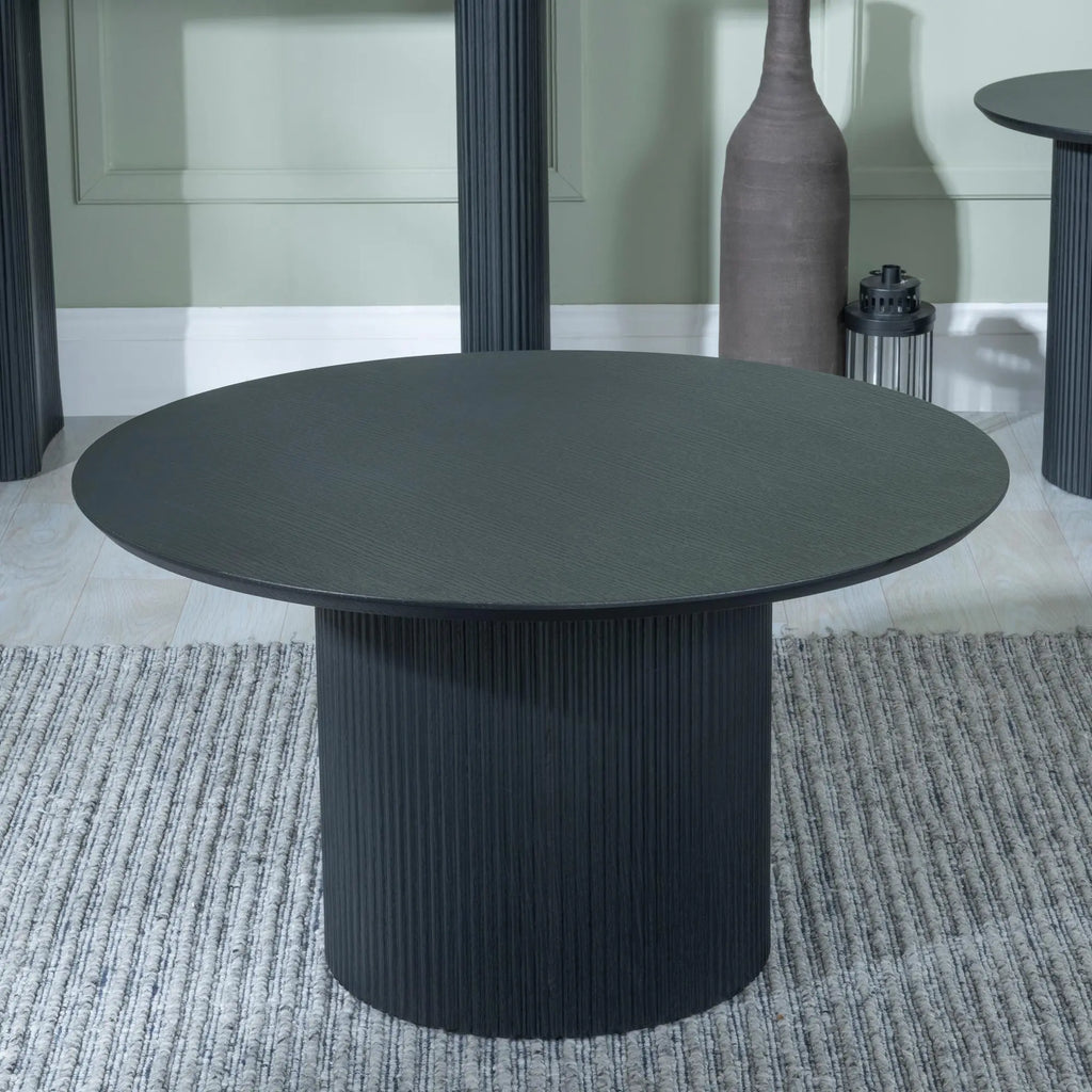 Renzo Black Round Coffee Table with Fluted Ribbed Drum Base HUMZ