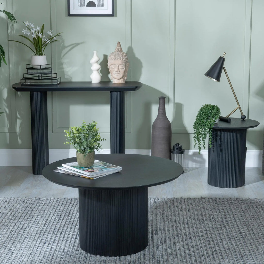 Renzo Black Round Coffee Table with Fluted Ribbed Drum Base HUMZ