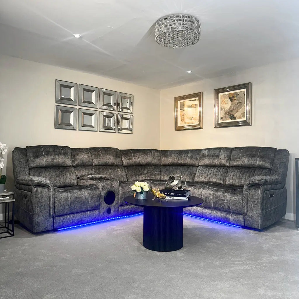 FIRST DRAFT Cheshire Electric Recliner Corner Sofa in Resilient Grey Velvet Fabric Home Store Living