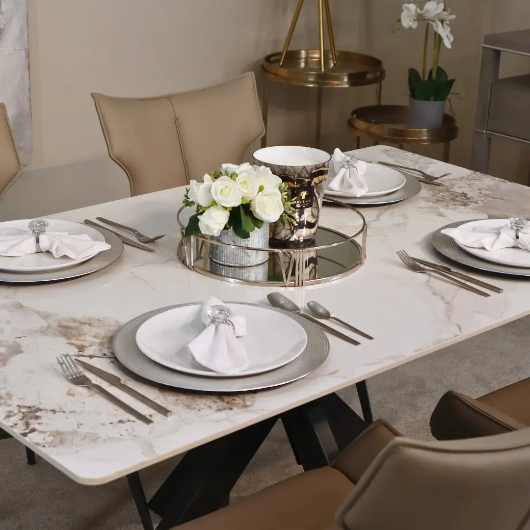 Marissa Dining Set - 1.8m White Ceramic Dining Table & Rafello Grey Dining Chairs Home Store Living