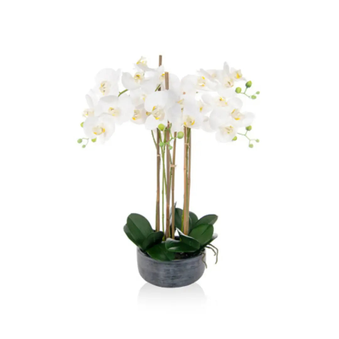 Faux White Orchid in Charcoal Pot Large Home Store Living