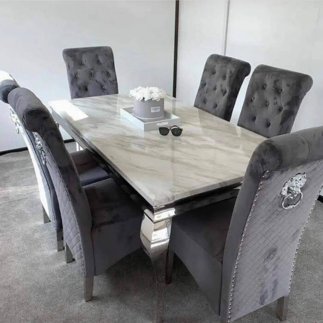 Louis Grey Marble Dining Table with Lacey Grey Velvet Chairs Set Home Store Living