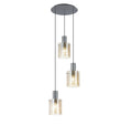 A modern pendant light with three cylindrical glass shades and silver metal components, suspended from a circular base.