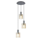 A modern pendant light with three cylindrical glass shades and silver metal components, suspended from a circular base.