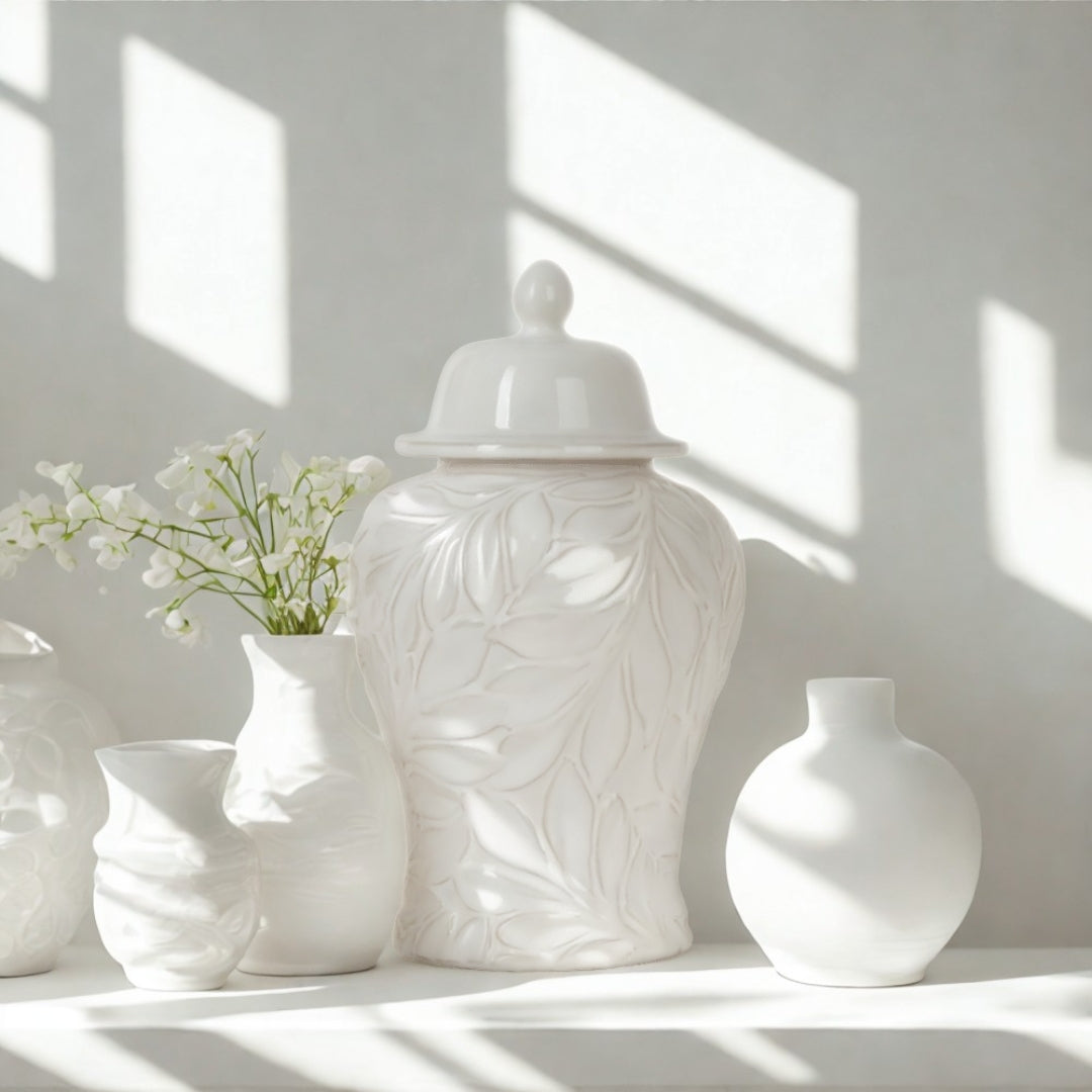 30cm Handmade White Carved Ceramic Ginger Jar CIMC