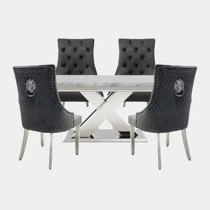 Dolce Marble Dining Set with Majesty Grey Velvet Lion Knocker Chairs Home Store Living