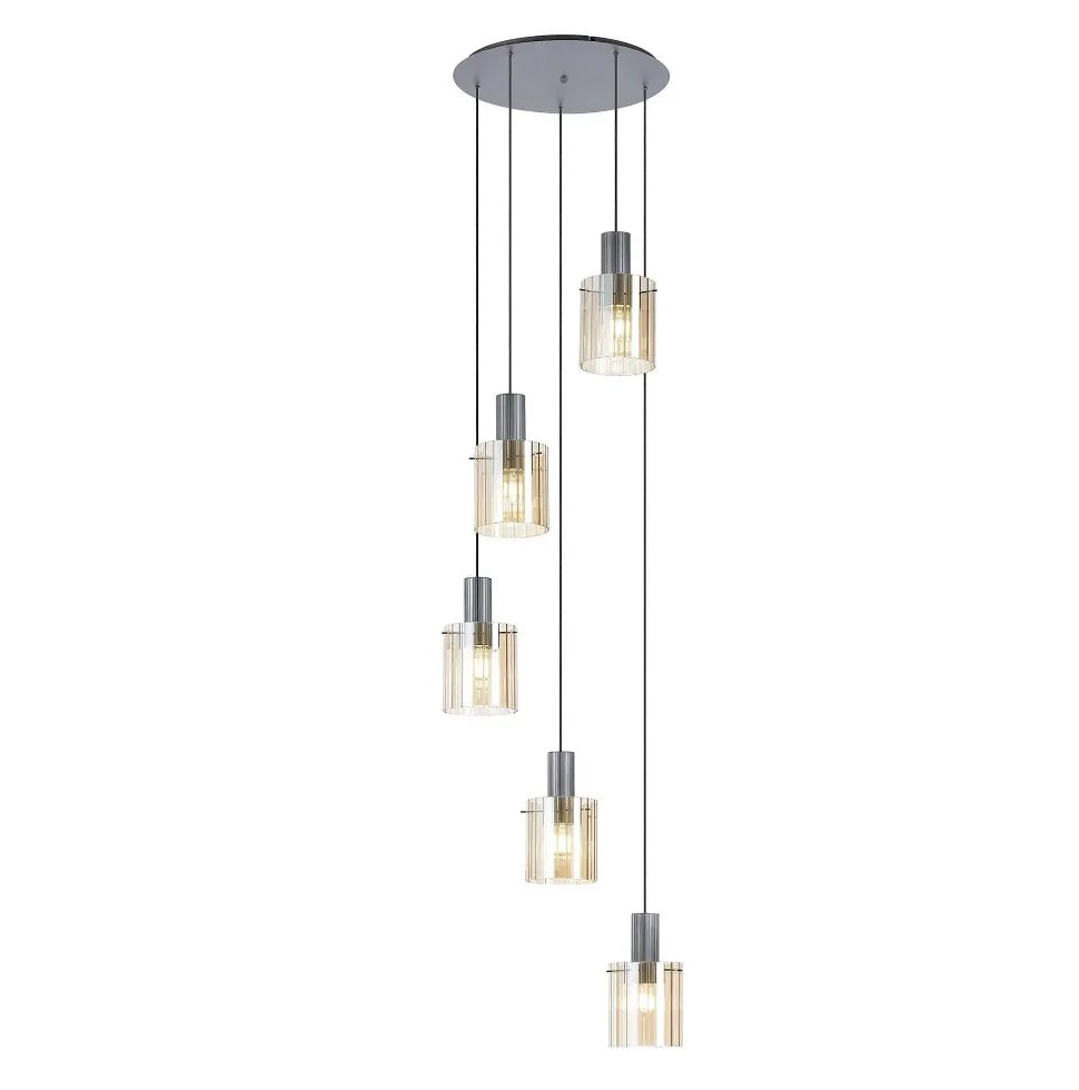 A contemporary Brandon Ripple 66cm Round Pendant with five adjustable E27 light fittings, featuring a ripple texture on glass shades, suspended from a central point by metallic threads.