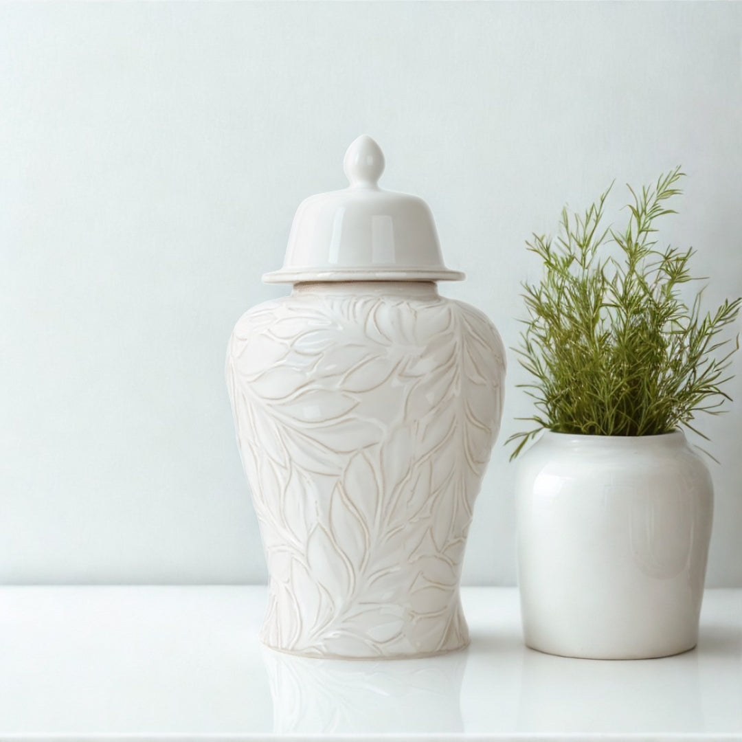 38cm Handmade White Carved Ceramic Ginger Jar CIMC