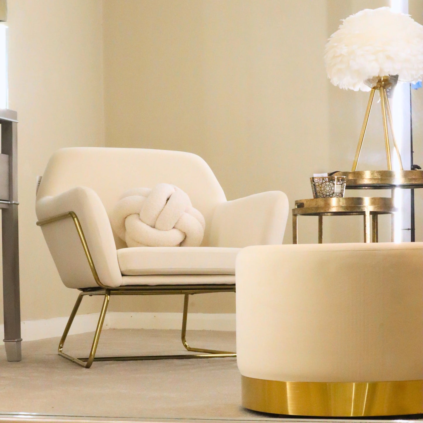 Charles Velvet Cream & Gold Armchair Home Store Living