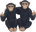 Two realistic chimpanzee figurines sitting side by side on a plain white background, each holding up an obscene middle-finger gesture.