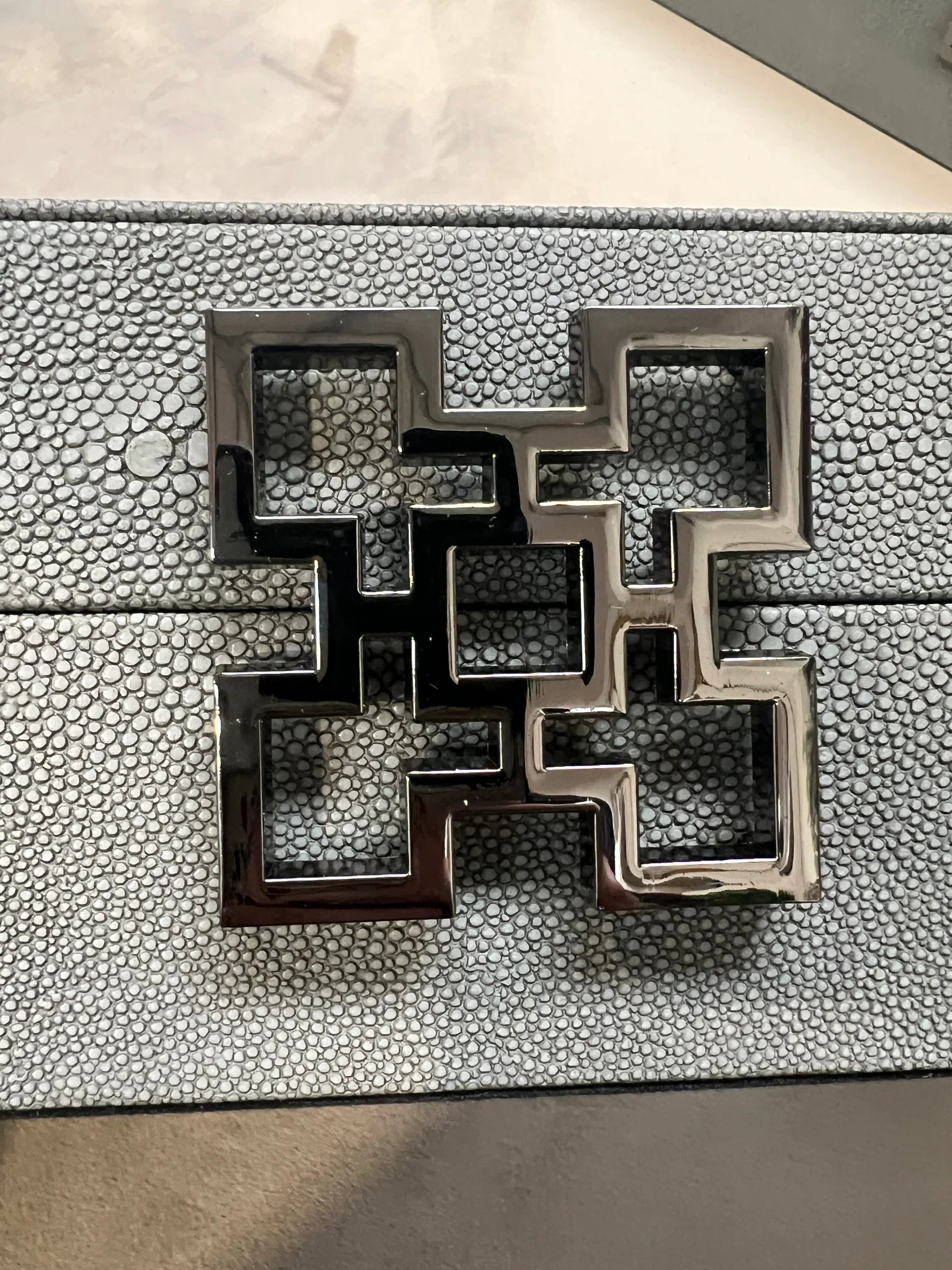 Grey Faux Litchi Leather Storage Boxes with Gunmetal Silver Handle (Set of 2) CIMC