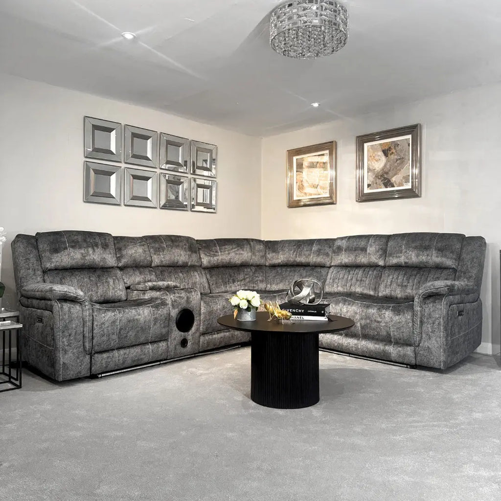 FIRST DRAFT Cheshire Electric Recliner Corner Sofa in Resilient Grey Velvet Fabric Home Store Living