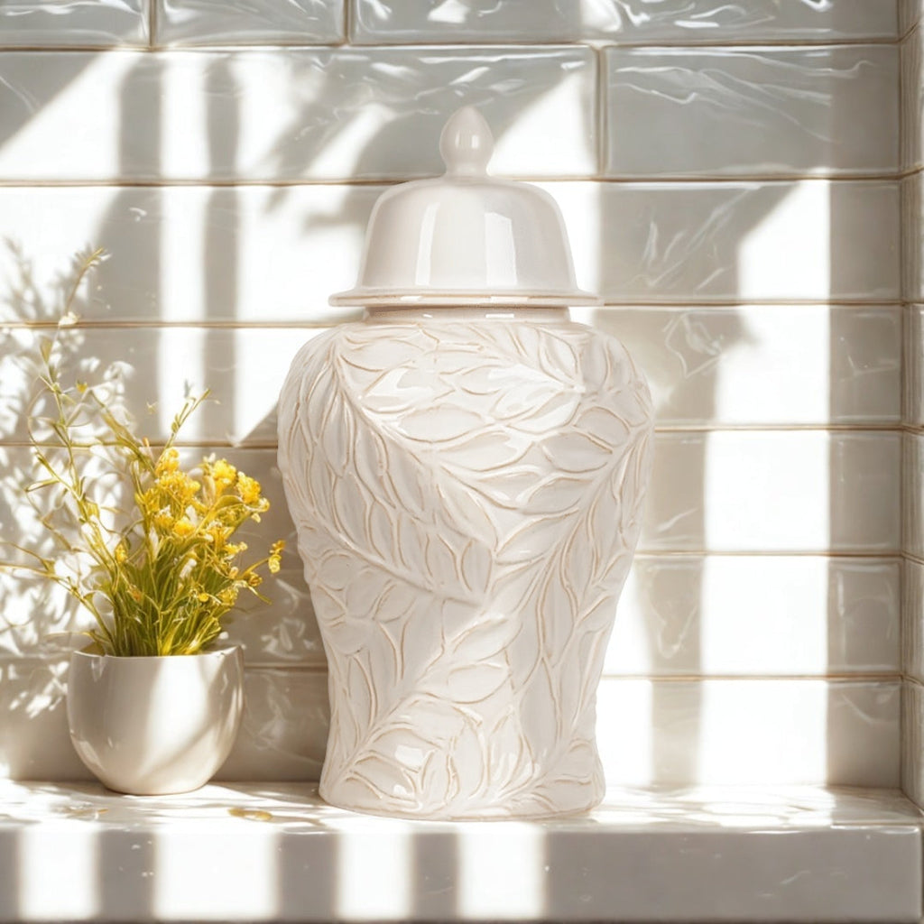 46cm White Carved Ceramic Ginger Jar CIMC