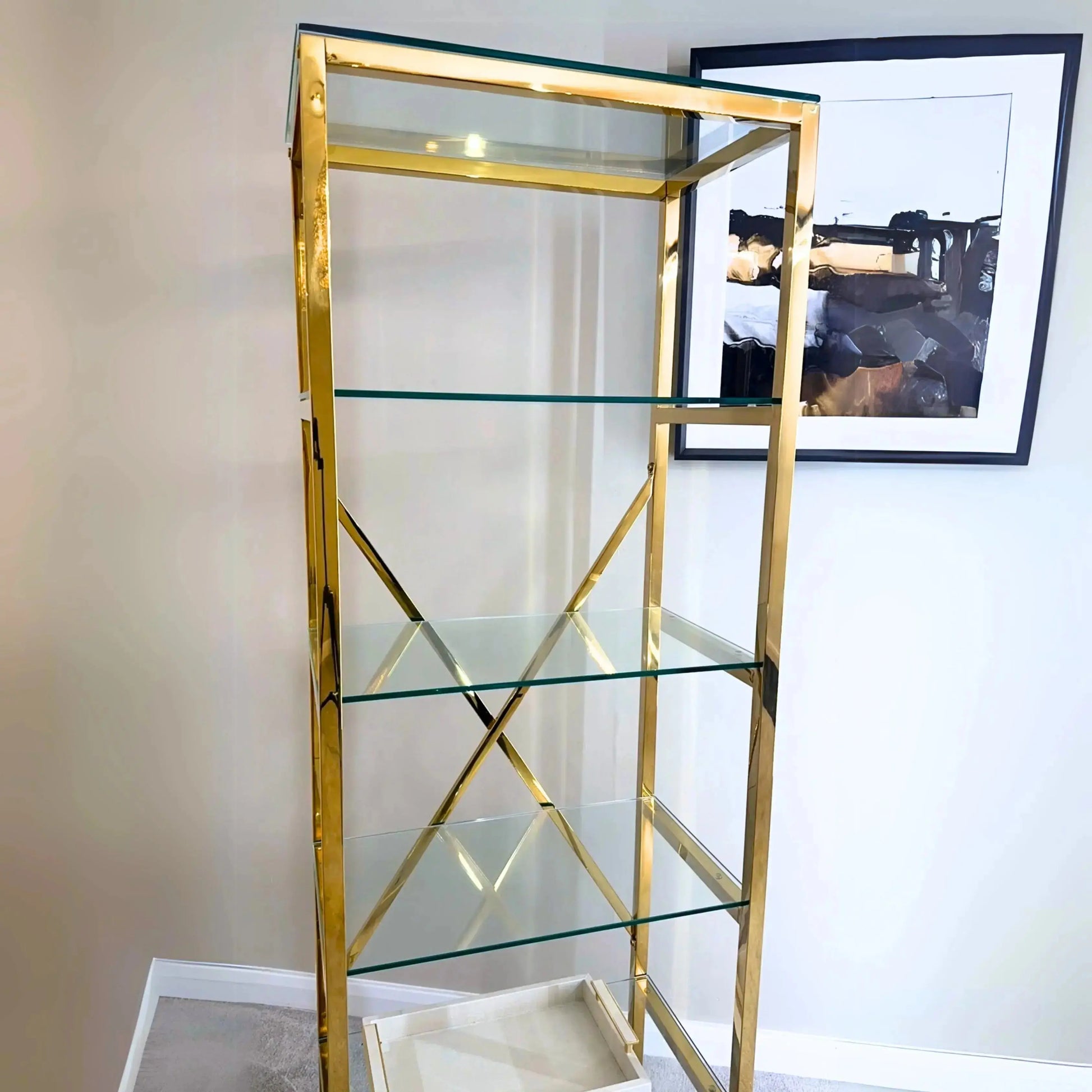 Metallic Gold 4 Tier Shelving with Clear Glass Home Store Living