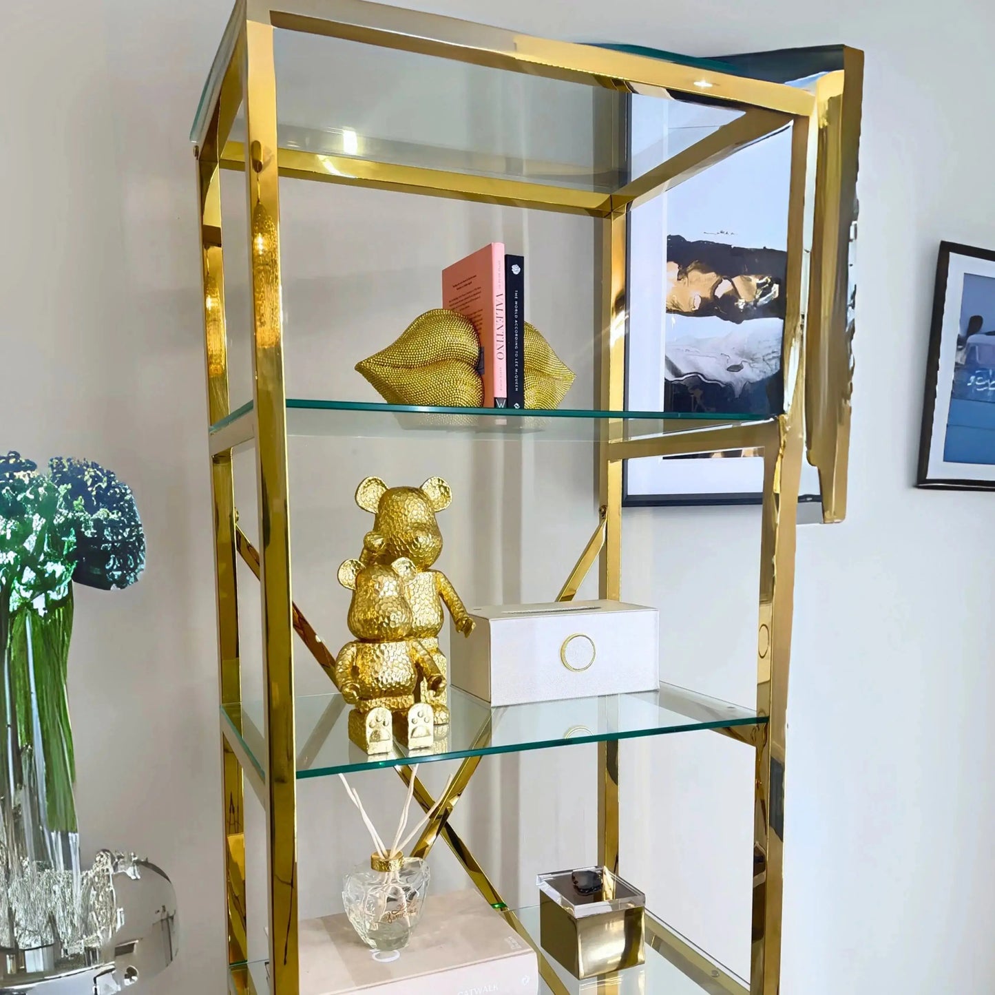 Metallic Gold 4 Tier Shelving with Clear Glass Home Store Living