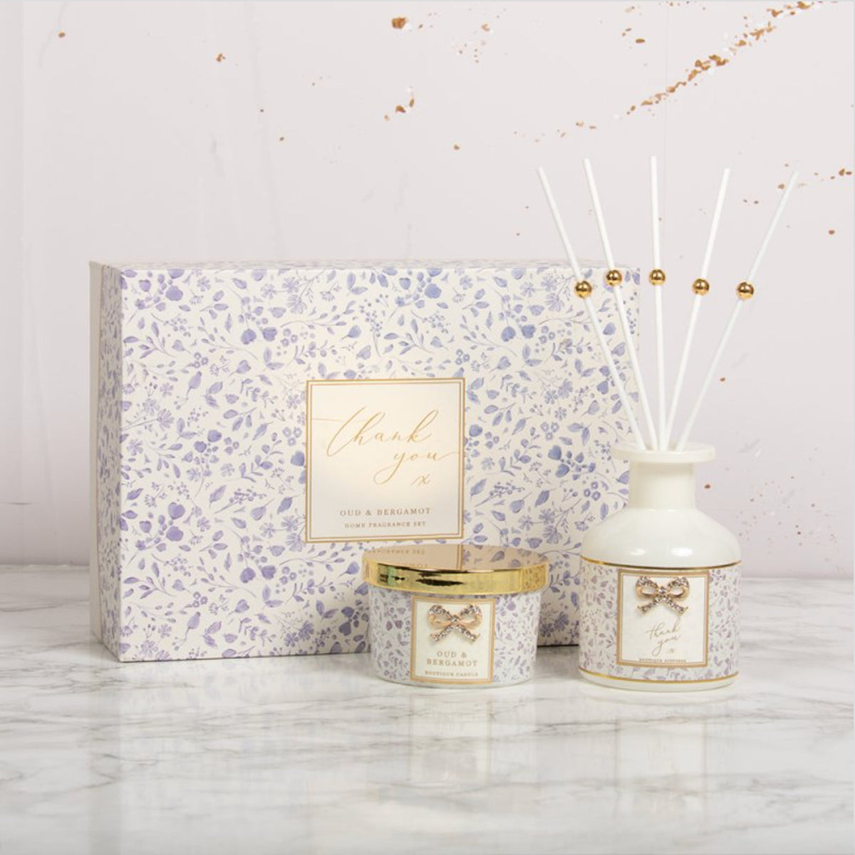 'Thank You' Oud & Bergamot Candle/ Reed Diffuser Gift Set Lesser & Pavey Ltd