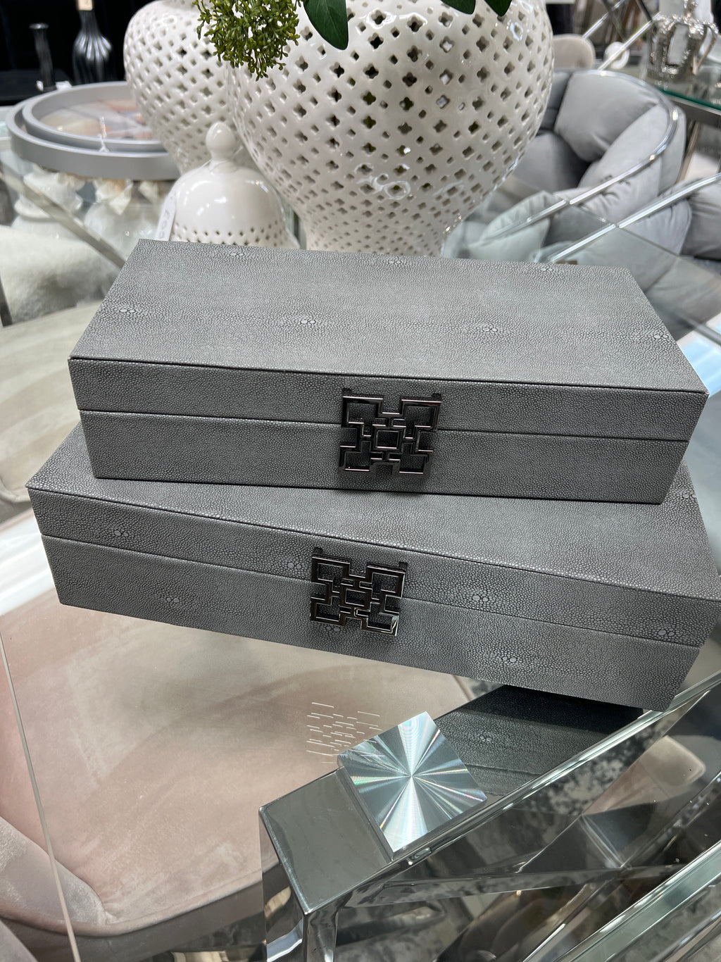Grey Faux Litchi Leather Storage Boxes with Gunmetal Silver Handle (Set of 2) CIMC