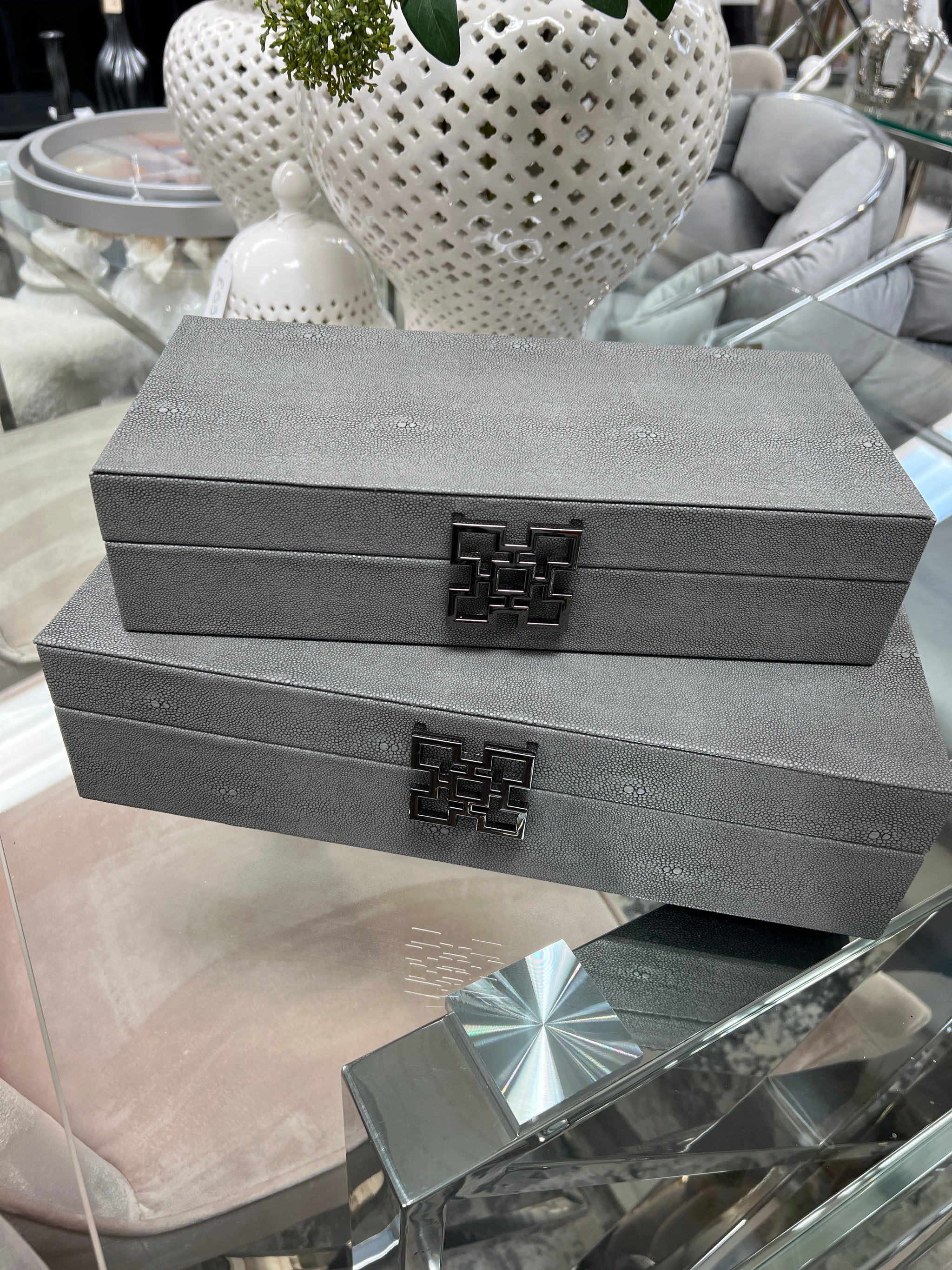 Grey Faux Litchi Leather Storage Boxes with Gunmetal Silver Handle (Set of 2) CIMC