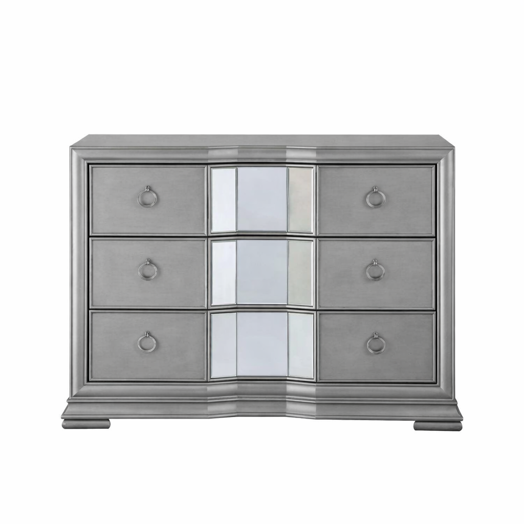 Silver mirrored dresser with six drawers on a white background