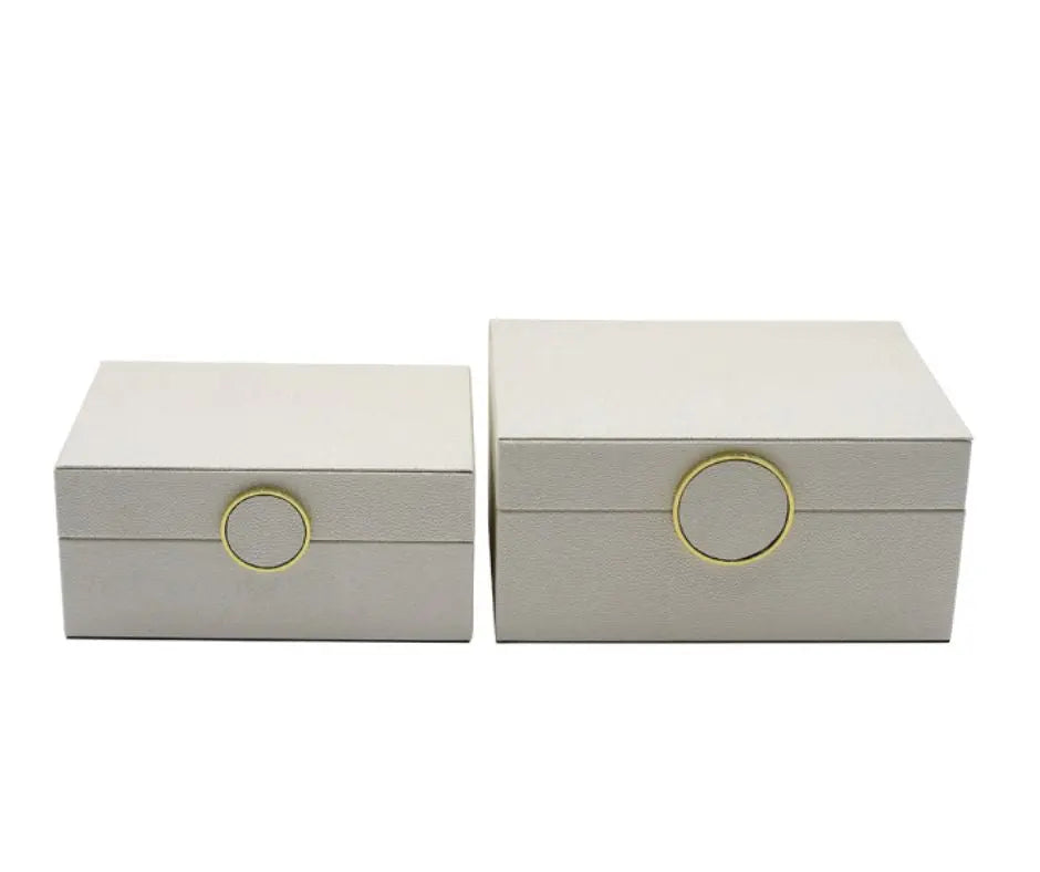 Set of 2 White Faux Litchi with Gold Ring Handle Jewellery Boxes CIMC