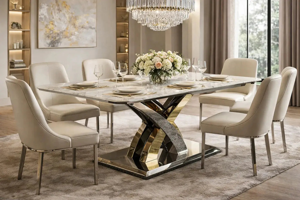 Lucy Italian Marble Dining Table w/ Chrome & Gold Legs AWS