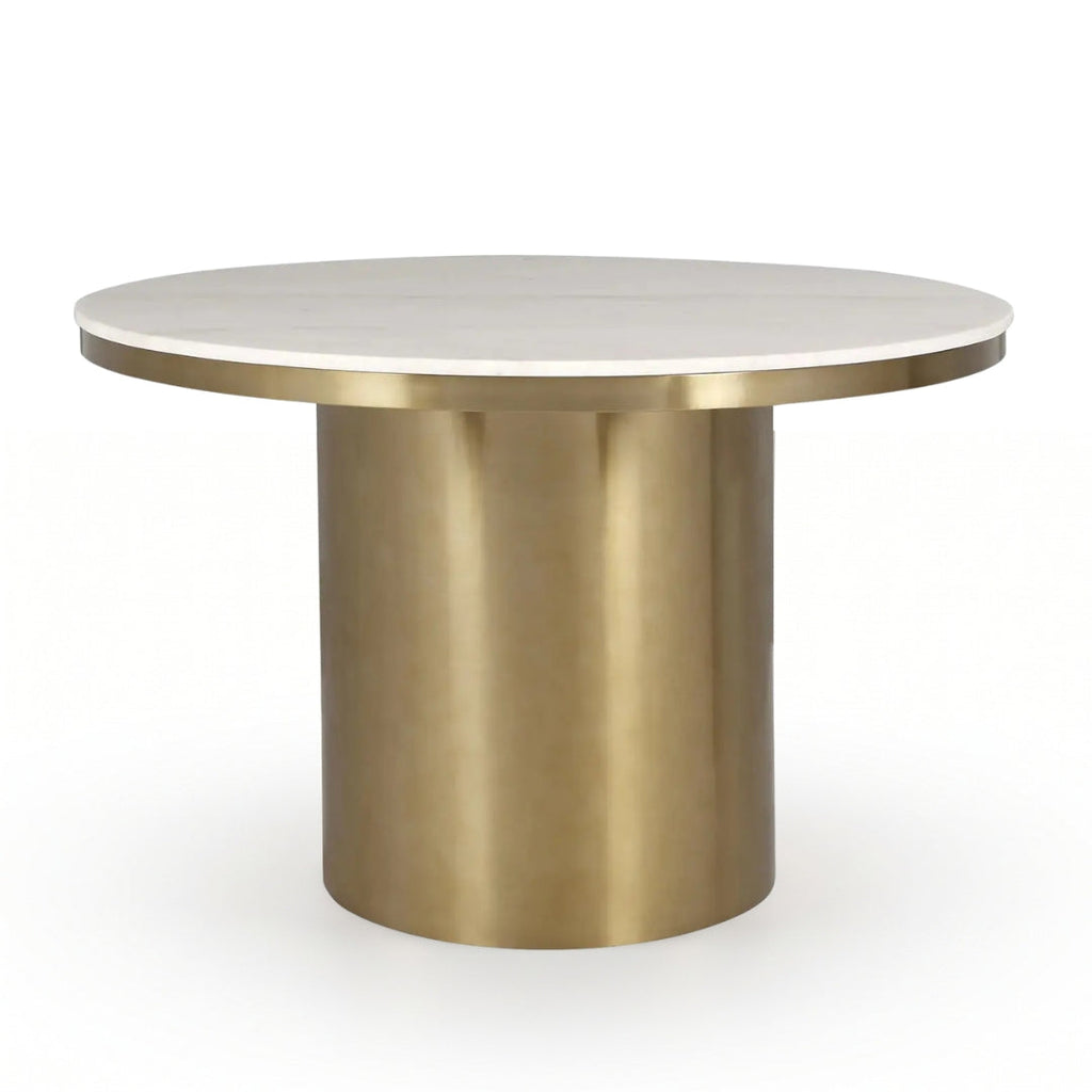 Camden 1.3m round dining table with beige marble-effect top and brushed brass base