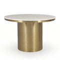 Camden 1.3m round dining table with beige marble-effect top and brushed brass base