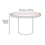 Camden dining table dimensions: 130cm diameter, 76cm high