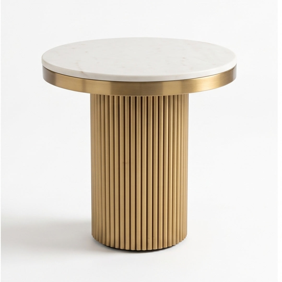 Cassa round side table with white marble-effect top and fluted champagne gold base