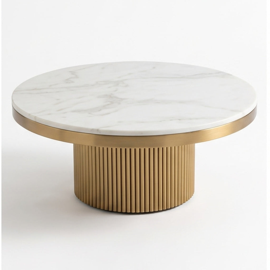 Cassa round coffee table with white marble-effect top and fluted champagne gold base