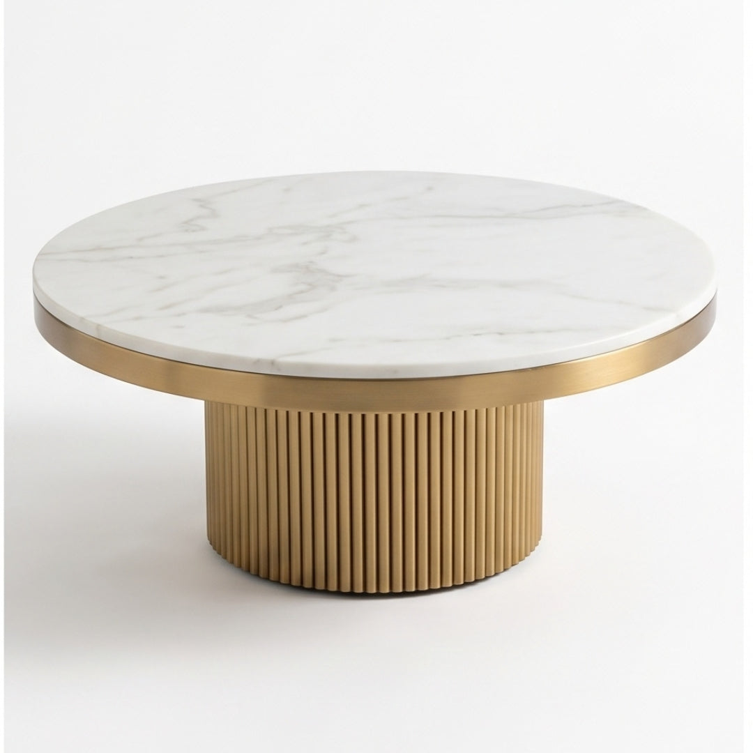 Cassa round coffee table with white marble-effect top and fluted champagne gold base