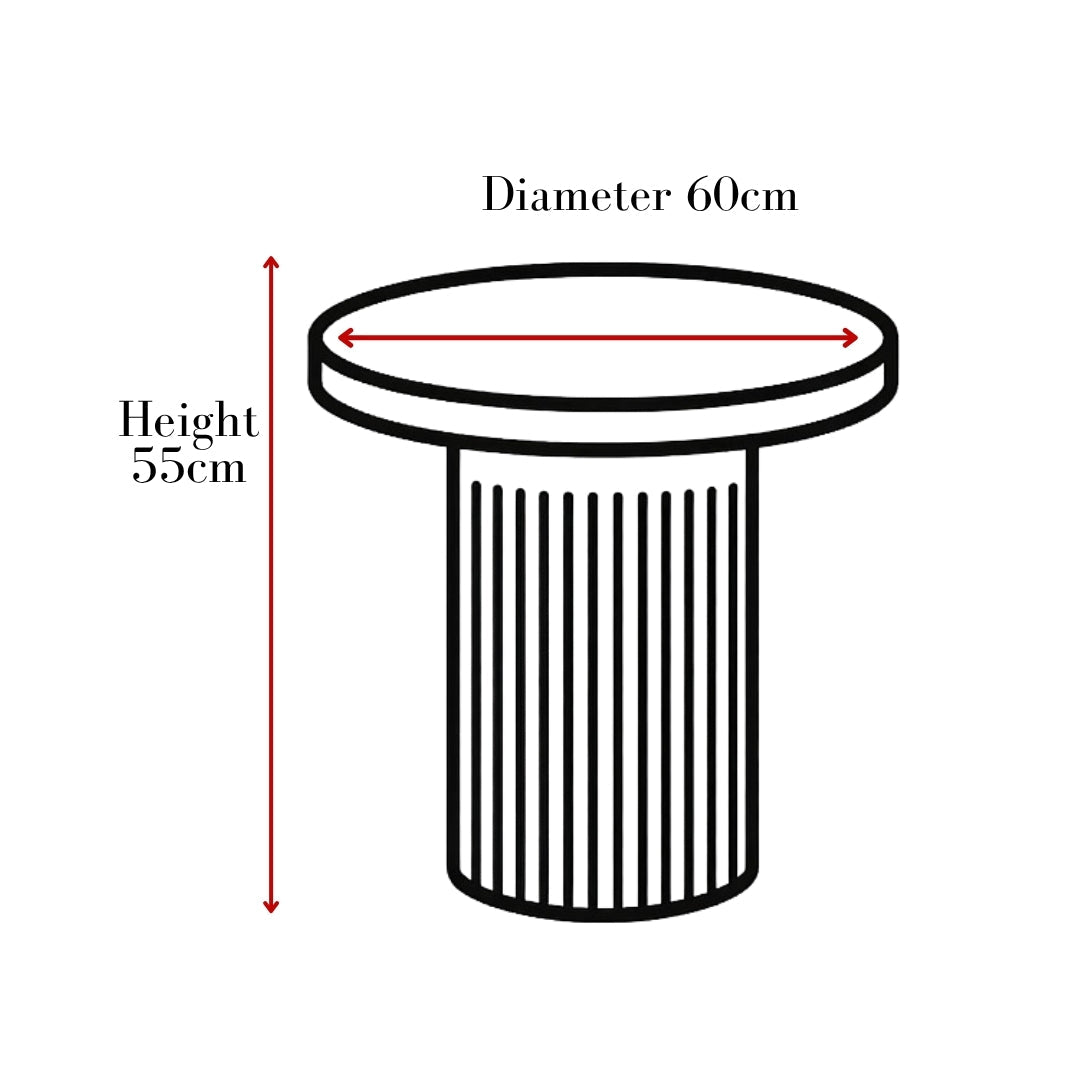 Cassa side table dimensions: 60cm diameter, 55cm high