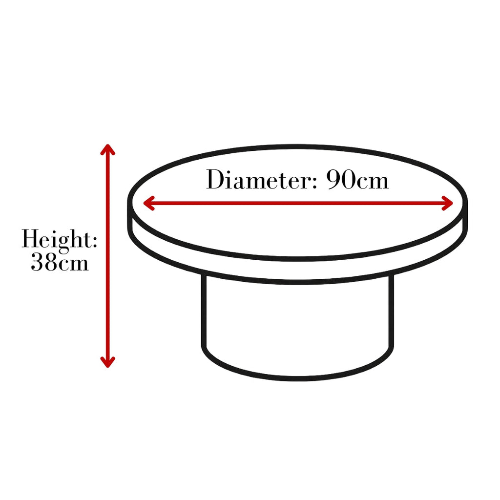 Camden coffee table dimensions: 90cm diameter, 38cm high