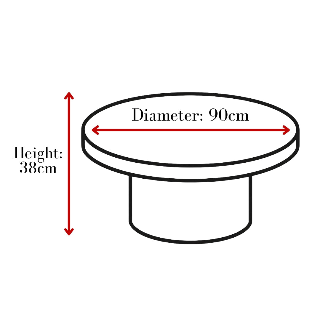 Camden coffee table dimensions: 90cm diameter, 38cm high
