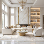 Cassa white marble coffee table styled in a luxury cream living room